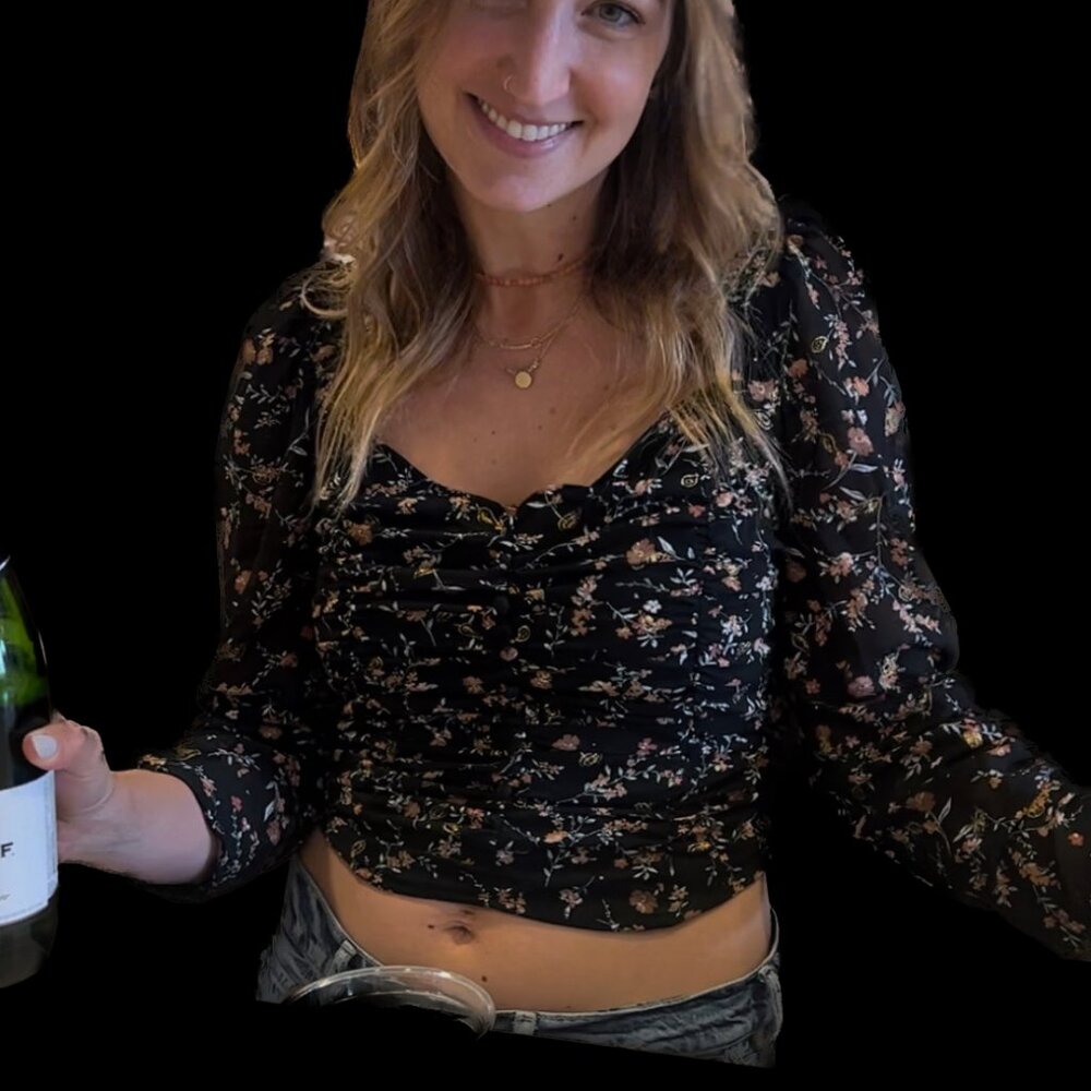 MINE black floral crop top with tie back, Large, NEW with tags!